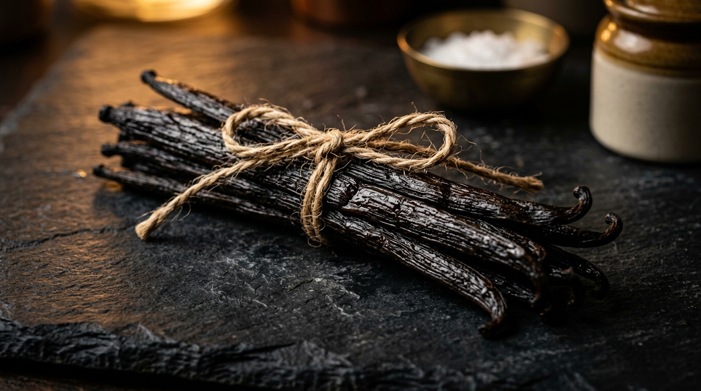Indonesian Gourmet Vanilla Beans bundle with natural twine on slate